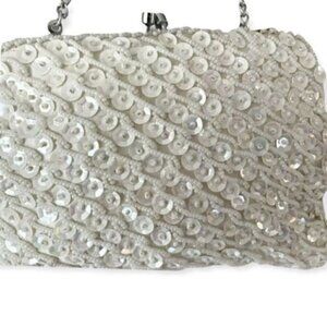 60s Vintage Sequined Off White Clutch Purse Hand Made In Hong Kong